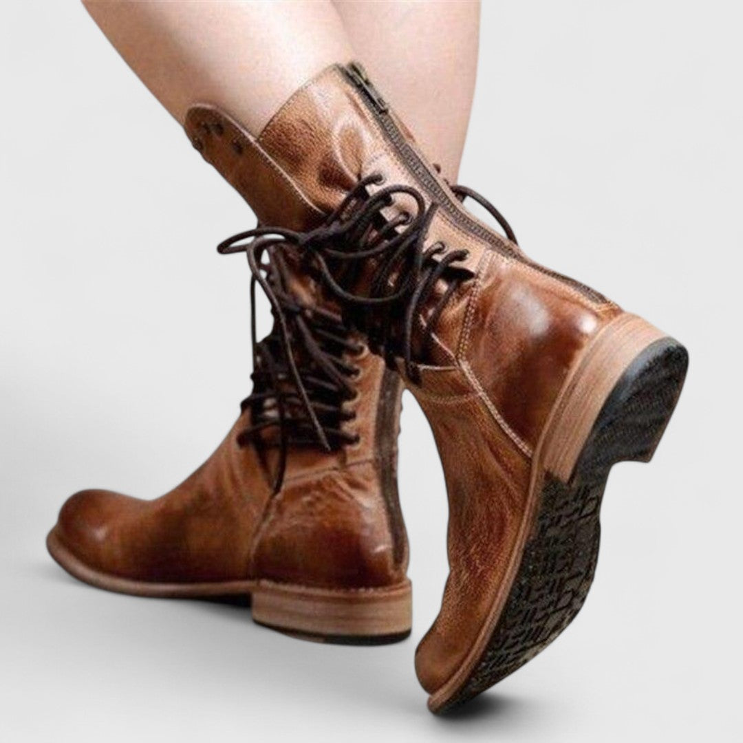 Beatrix Leather Lace-Up Boots – Studded Mid-Calf Block Heel Footwear