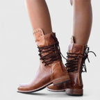 Beatrix Leather Lace-Up Boots – Studded Mid-Calf Block Heel Footwear
