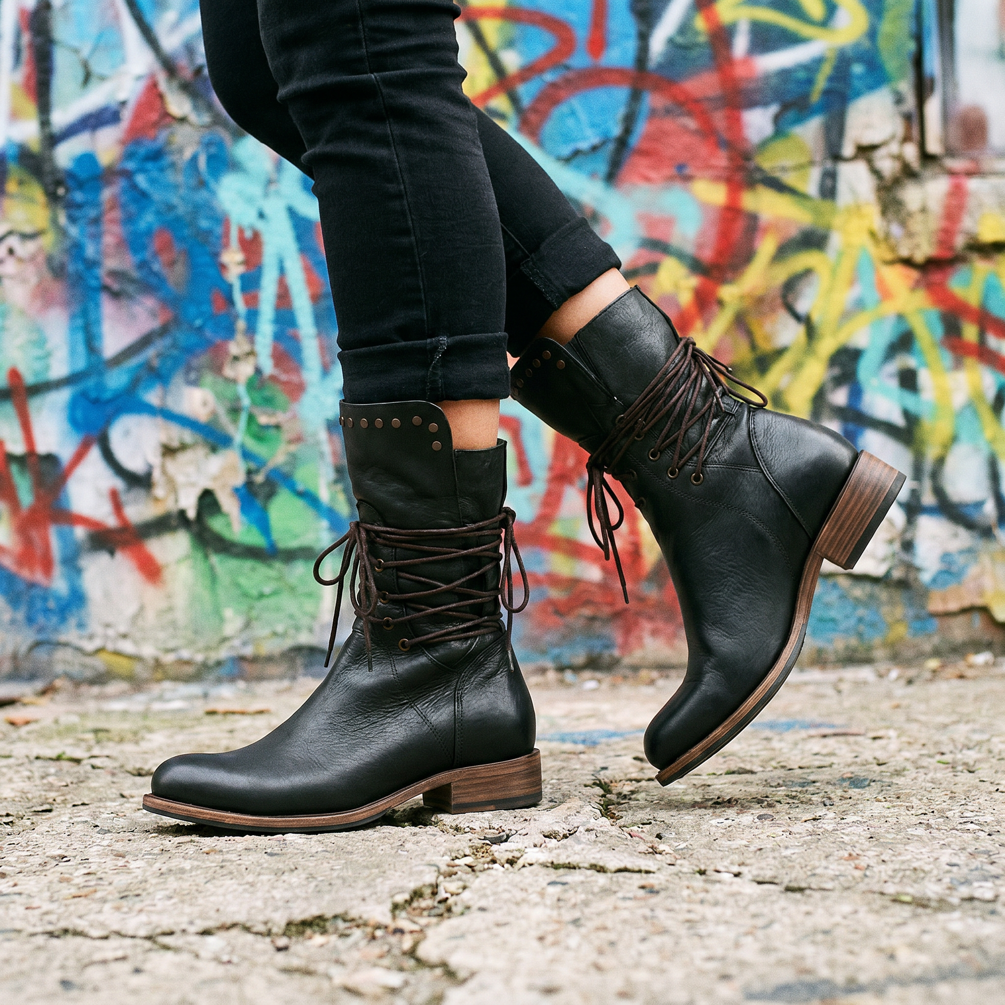 Beatrix Leather Lace-Up Boots – Studded Mid-Calf Block Heel Footwear