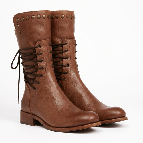 Beatrix Leather Lace-Up Boots – Studded Mid-Calf Block Heel Footwear