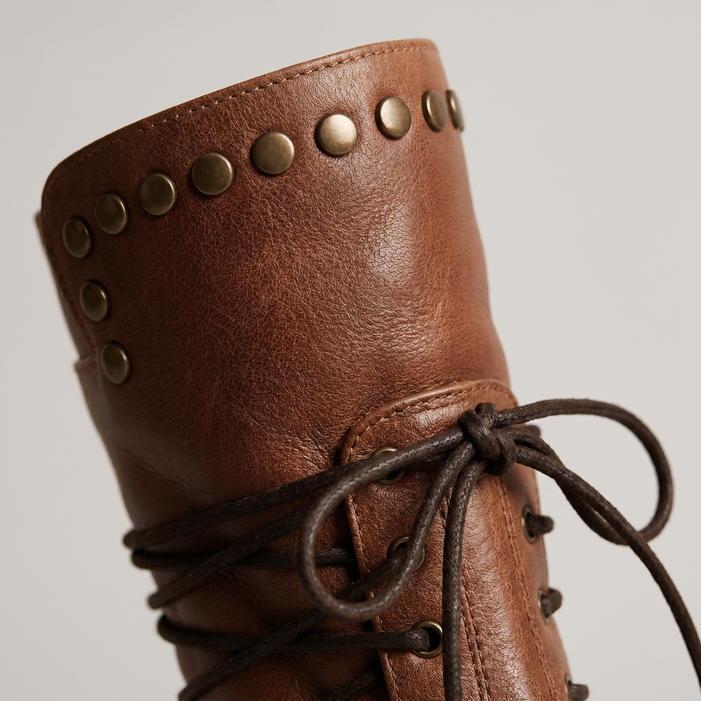 Beatrix Leather Lace-Up Boots – Studded Mid-Calf Block Heel Footwear