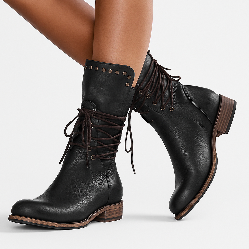Beatrix Leather Lace-Up Boots – Studded Mid-Calf Block Heel Footwear