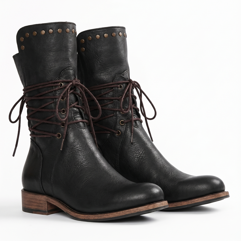 Beatrix Leather Lace-Up Boots – Studded Mid-Calf Block Heel Footwear