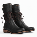 Beatrix Leather Lace-Up Boots – Studded Mid-Calf Block Heel Footwear