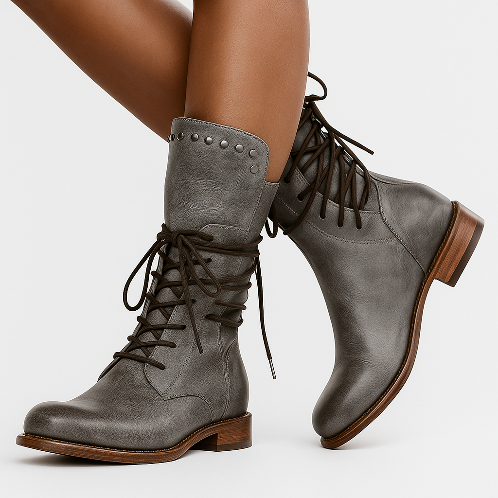 Beatrix Leather Lace-Up Boots – Studded Mid-Calf Block Heel Footwear