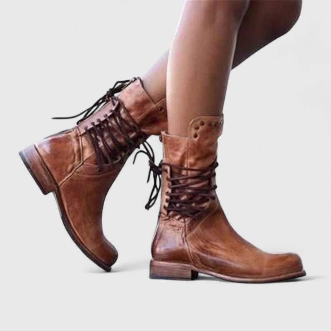 Beatrix Leather Lace-Up Boots – Studded Mid-Calf Block Heel Footwear