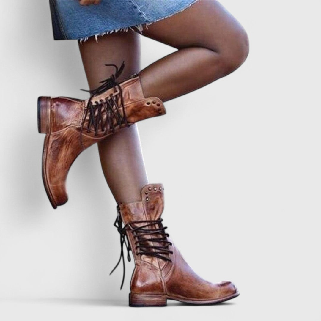 Beatrix Leather Lace-Up Boots – Studded Mid-Calf Block Heel Footwear