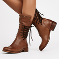 Beatrix Leather Lace-Up Boots – Studded Mid-Calf Block Heel Footwear