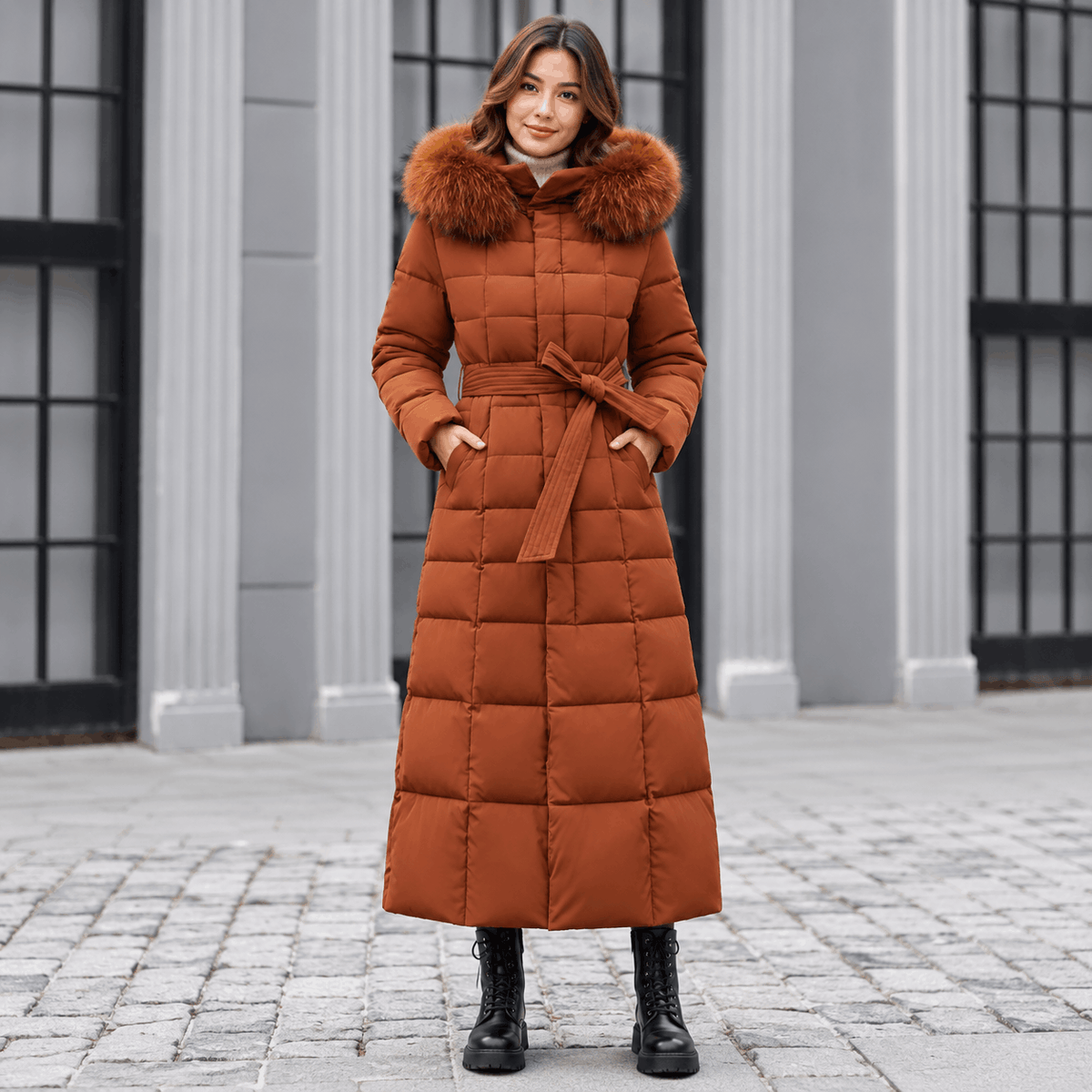 Brown-colored maxi puffer coat with box quilting, a plush-trim hood, and a self-tie waist belt, worn over black boots.