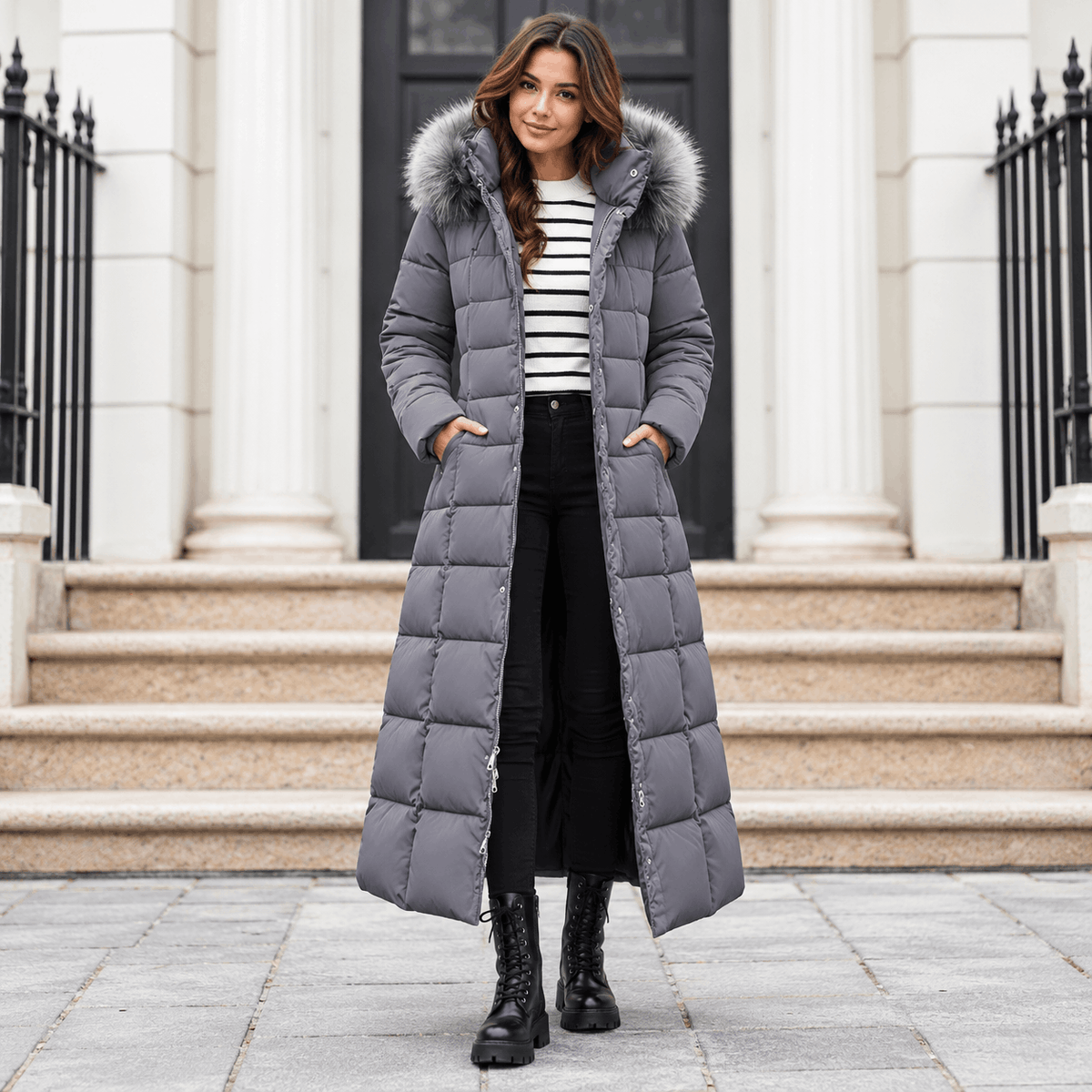 Gray maxi puffer coat with box quilting, plush-trim hood, and snap placket, worn over a striped top and black jeans.