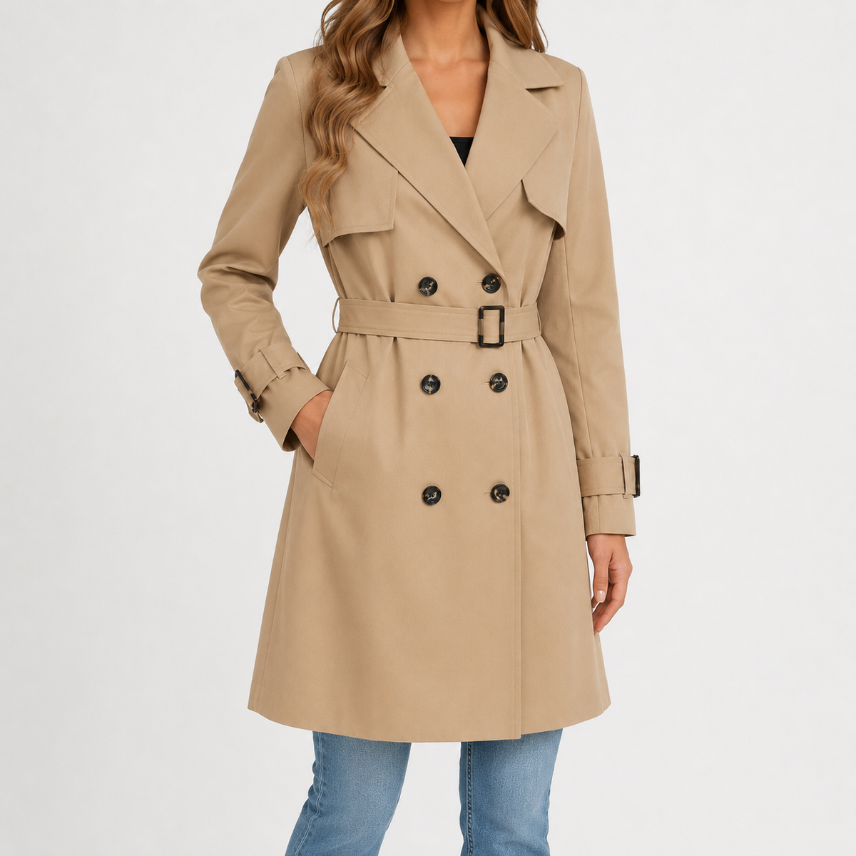 Beige double-breasted trench coat with a belted waist, storm flap, and adjustable buckle cuff straps at knee length.