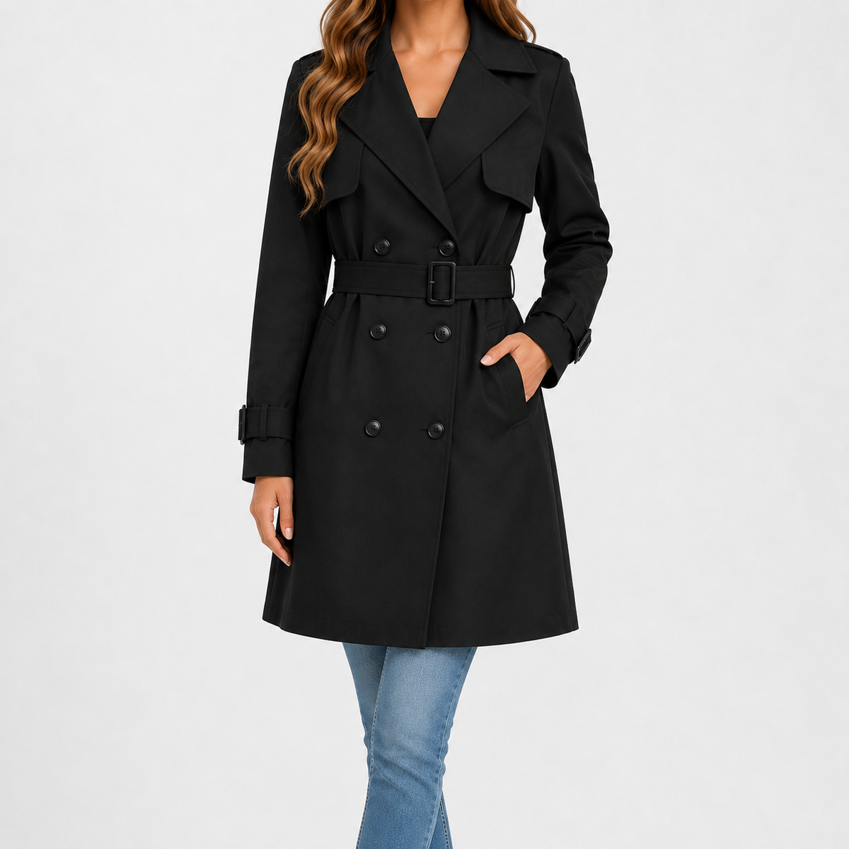 Black double-breasted trench coat with a belted waist, storm flap, and buckled cuff straps, worn over blue jeans.