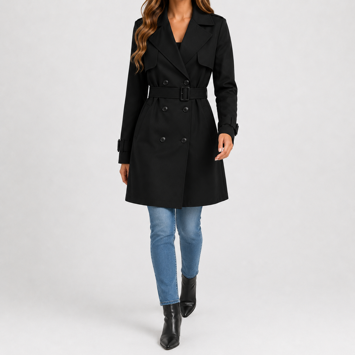 Black double-breasted trench coat with a belted waist, storm flap, and buckled cuff straps, worn over blue jeans.