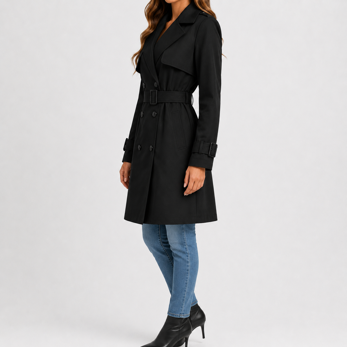 Black double-breasted trench coat with a belted waist, storm flap, and buckled cuff straps, worn over blue jeans.