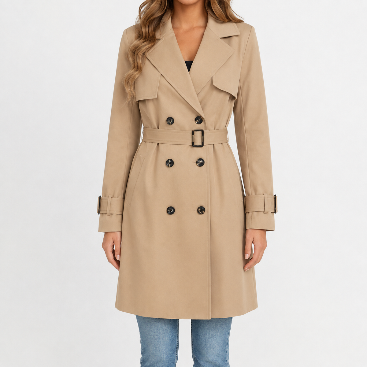 Beige double-breasted trench coat with a belted waist, storm flap, and buckled cuff straps, worn over blue jeans.