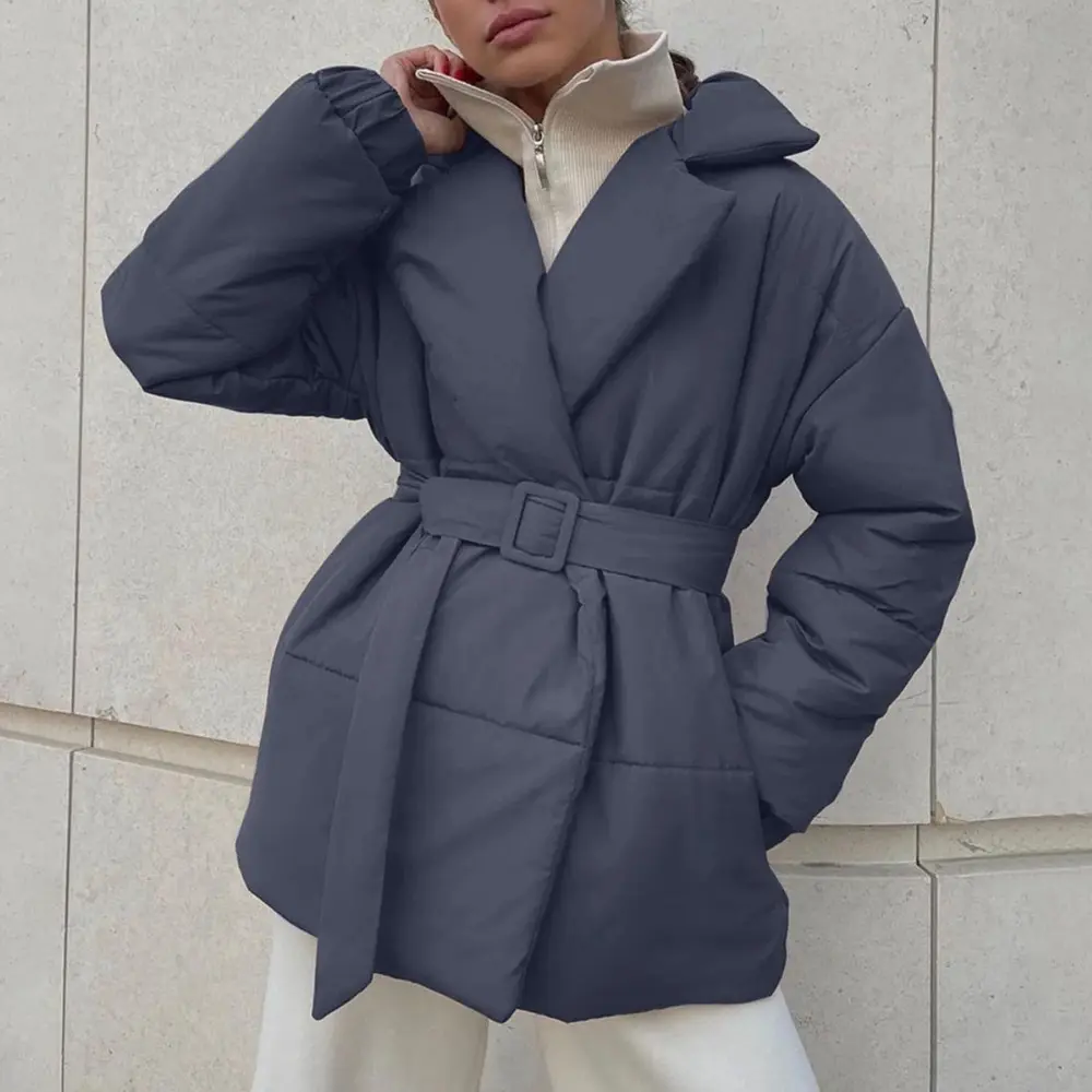 Charcoal gray belted wrap puffer jacket with notch lapels, quilted padding, and elastic cuffs cinched at the waist.