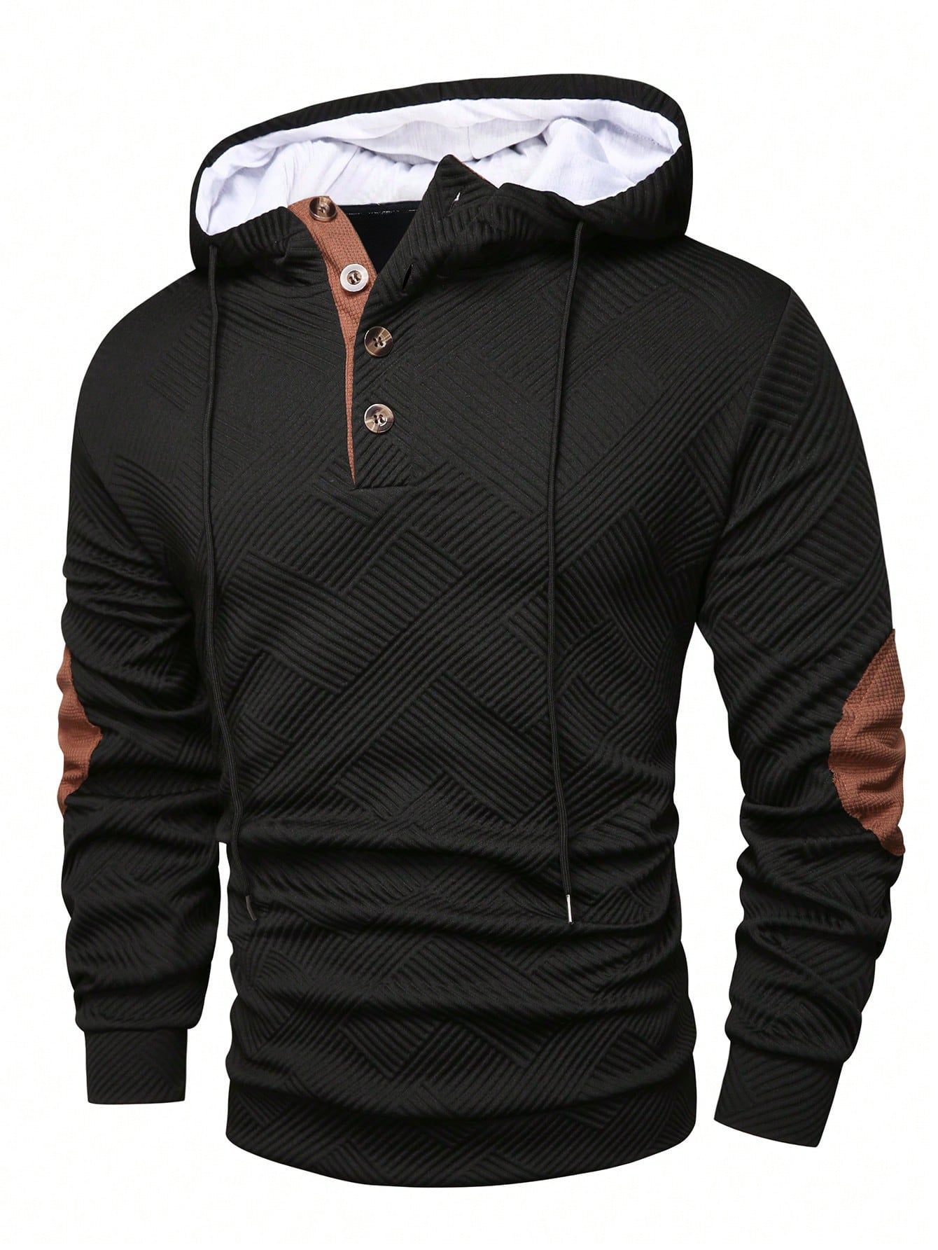 Black waffle knit pullover hoodie with a button placket, contrast drawstrings, and long sleeves on a white background.