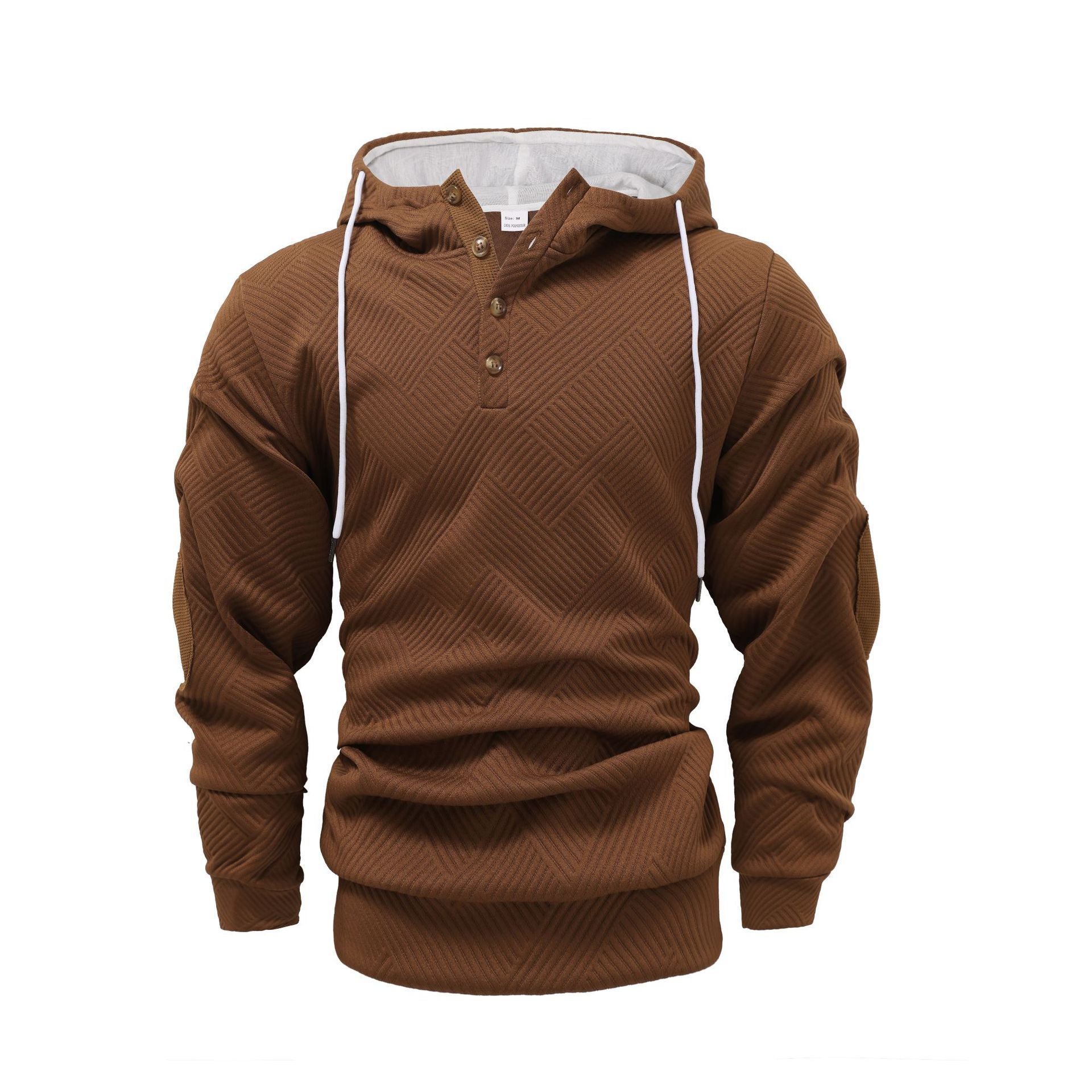 Brown waffle knit pullover hoodie featuring a button placket, contrast drawstrings, and long sleeves on a white background.