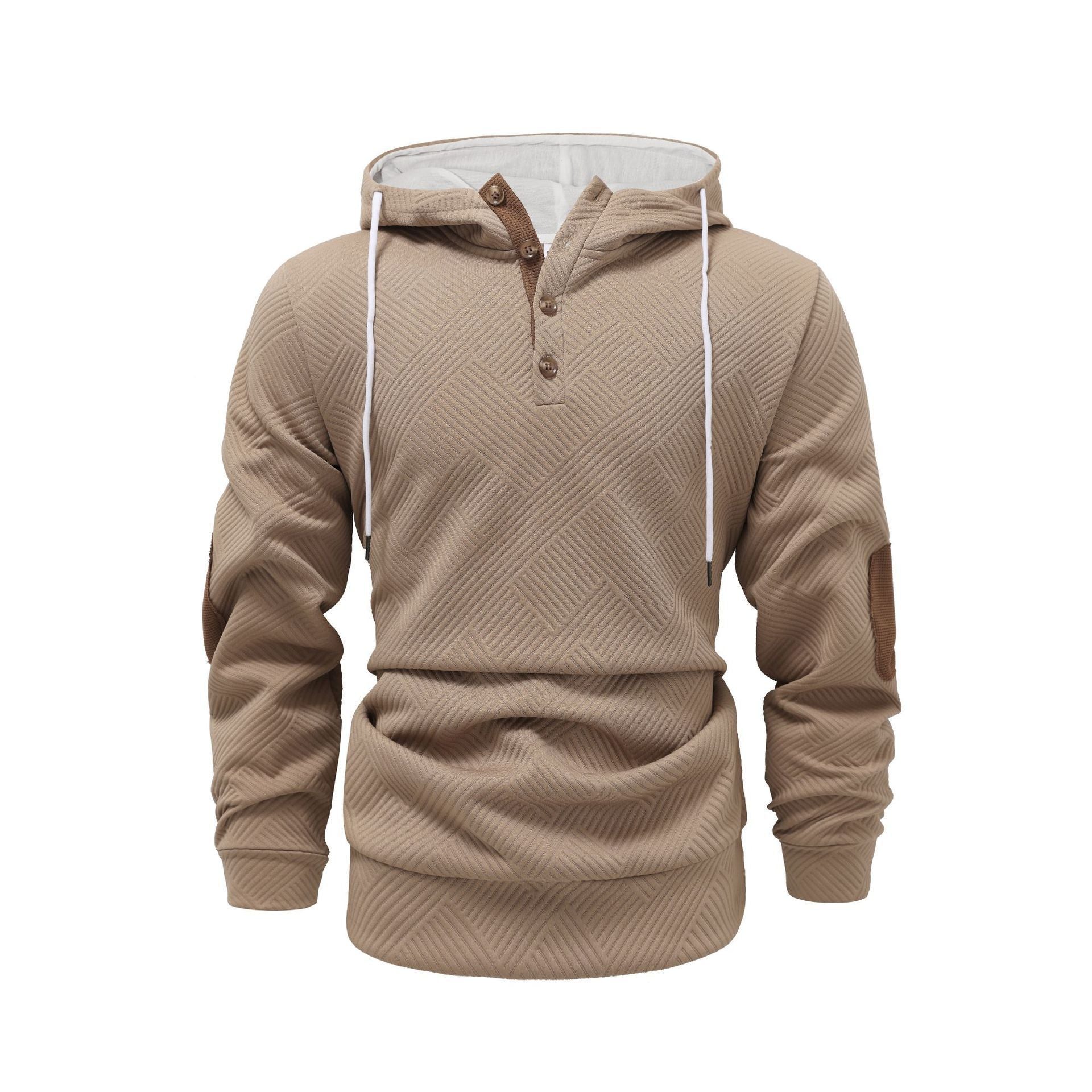 Khaki waffle knit pullover hoodie with a button placket, contrast drawstrings, and long sleeves on a white background.