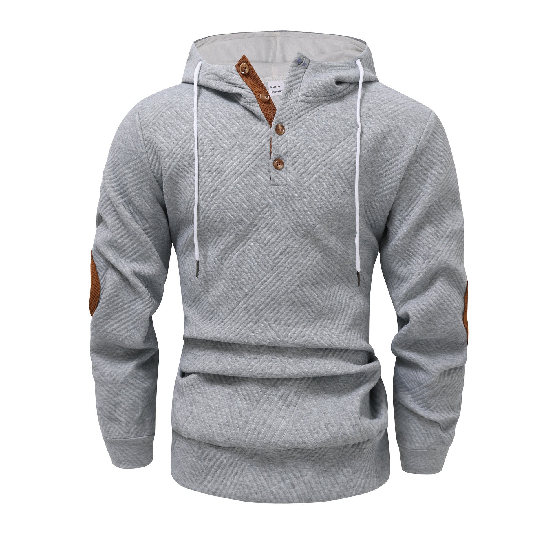Light gray waffle knit pullover hoodie featuring a button placket, contrast drawstrings, and long sleeves on a white background.