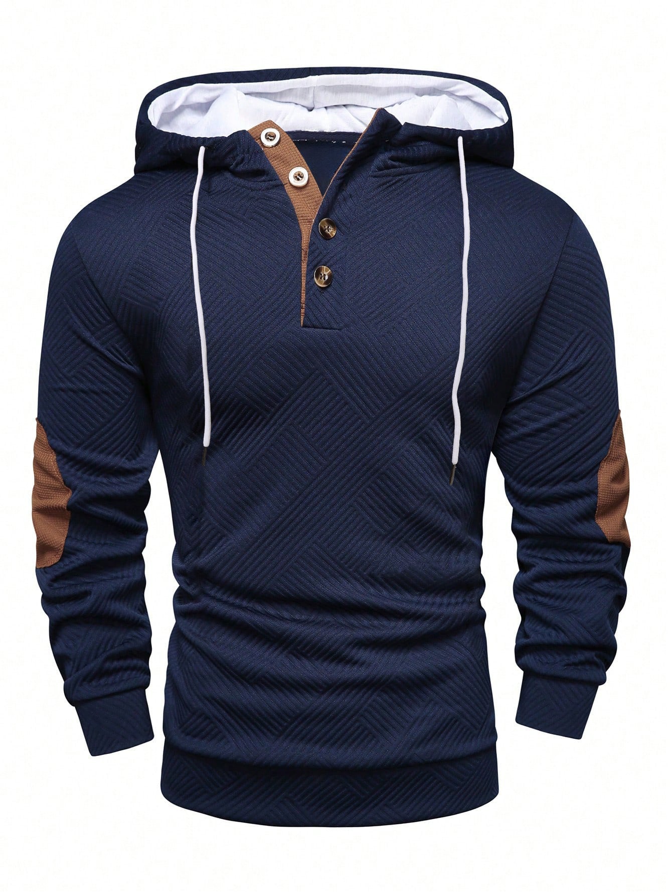 Navy waffle knit pullover hoodie with a button placket, contrast drawstrings, and long sleeves on a white background.