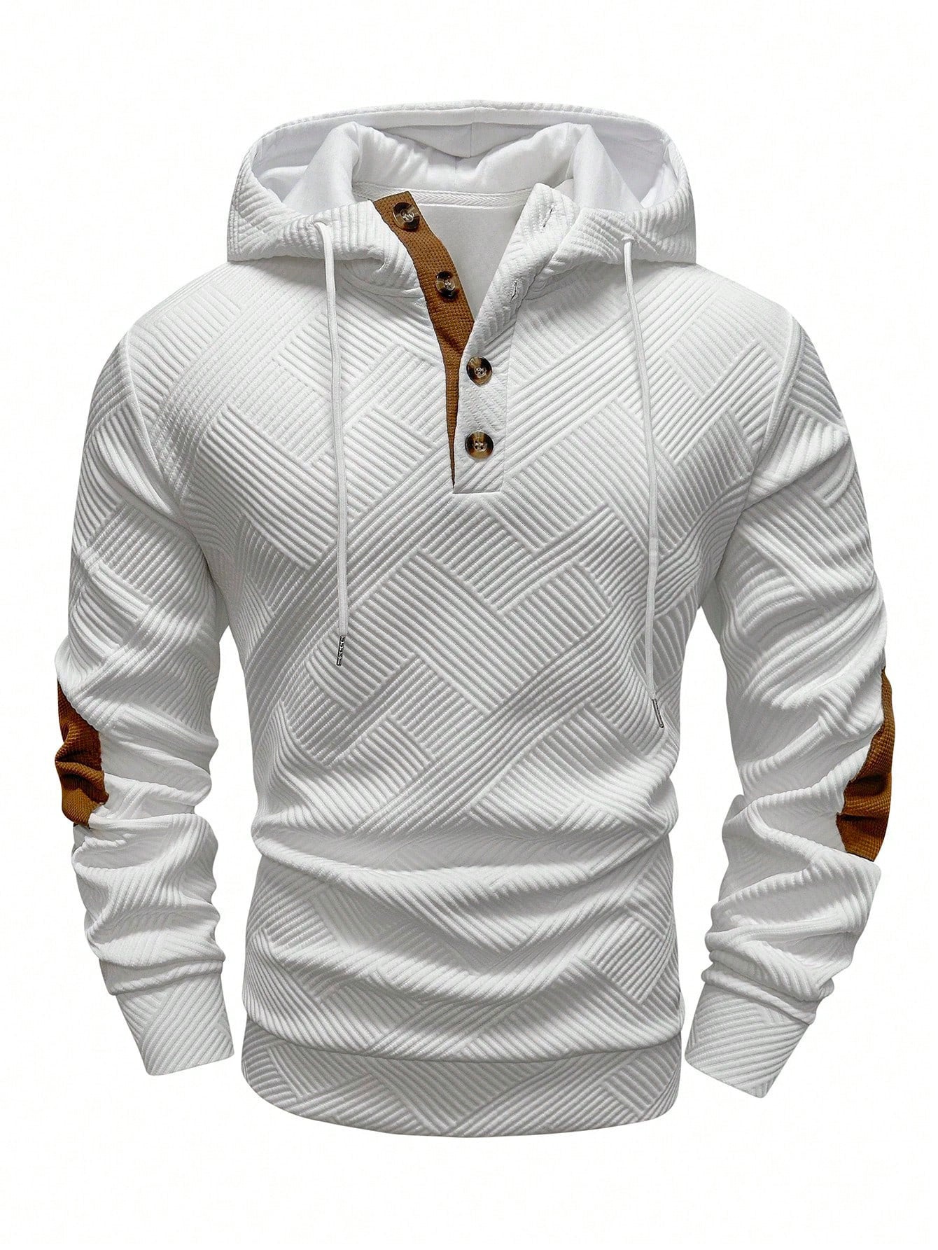 White waffle knit pullover hoodie featuring a button placket, contrast drawstrings, and long sleeves on a white background.