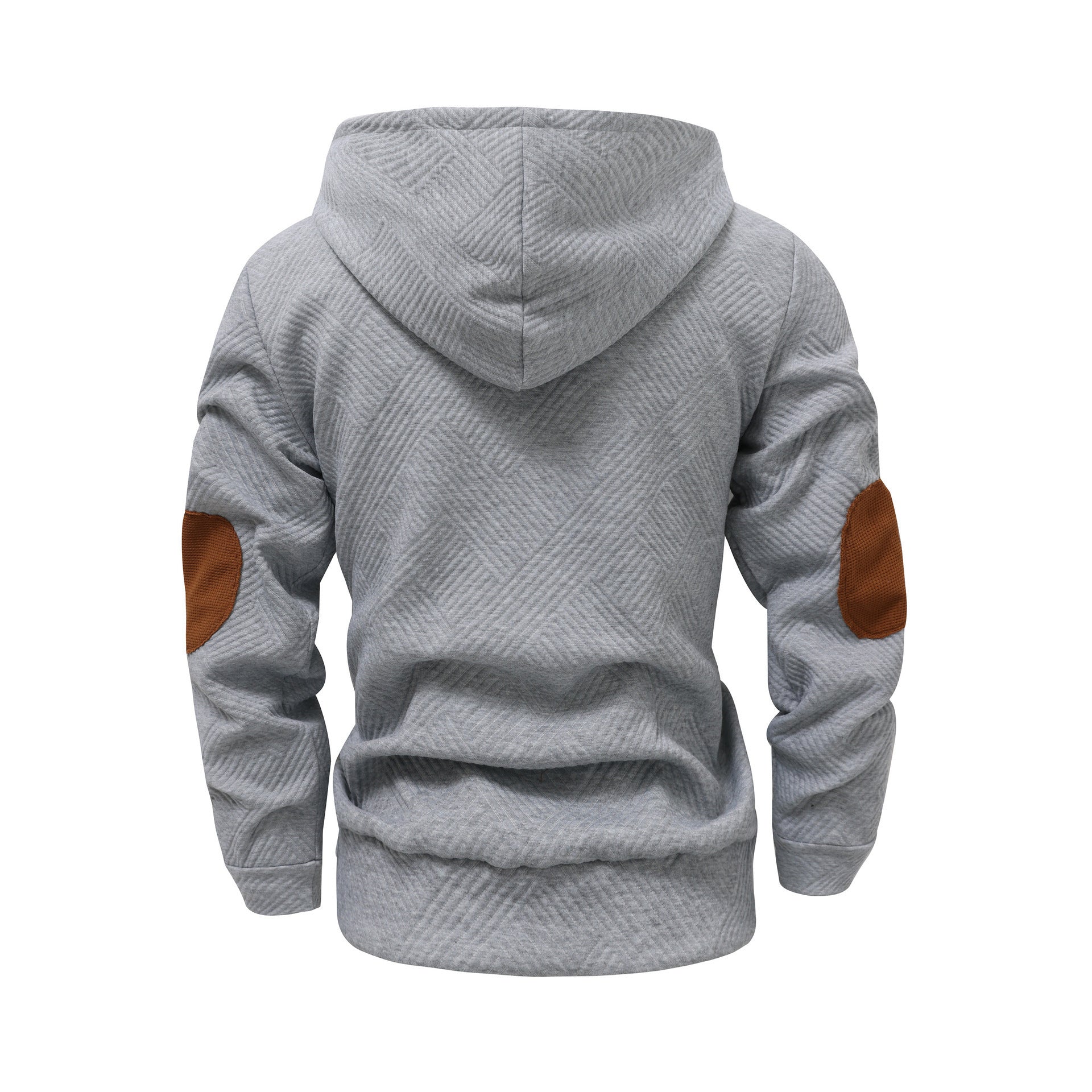 Back view of a light gray waffle knit pullover hoodie with a hood, long sleeves, and contrast elbow patches on a white background.