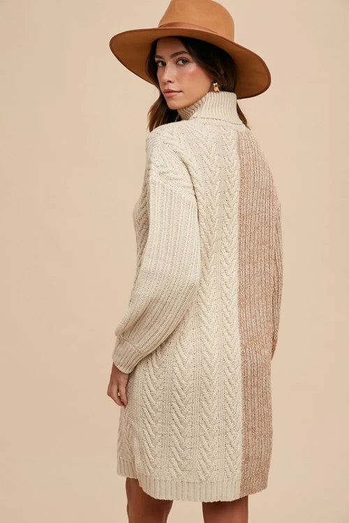 Bettina Ribbed Knit Sweater Dress – Turtleneck Color Block Balloon Mini