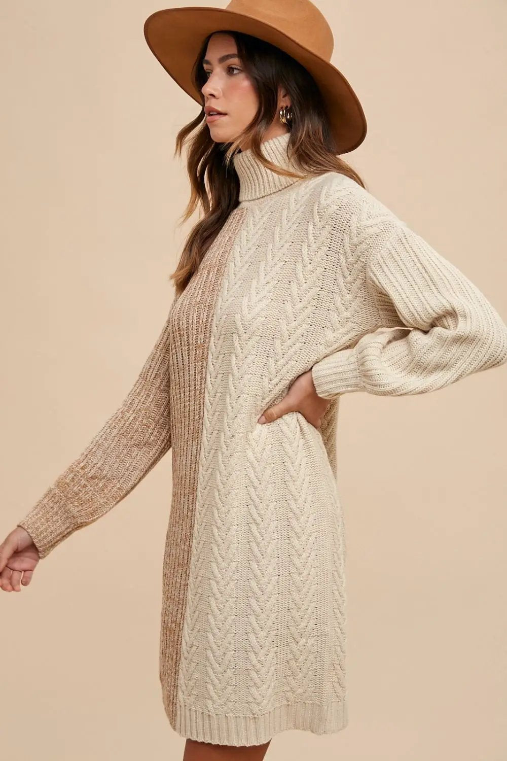 Bettina Ribbed Knit Sweater Dress – Turtleneck Color Block Balloon Mini