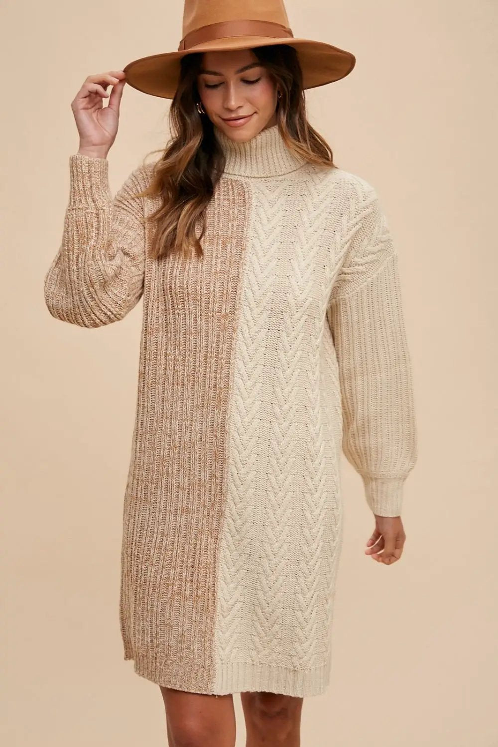Bettina Ribbed Knit Sweater Dress – Turtleneck Color Block Balloon Mini