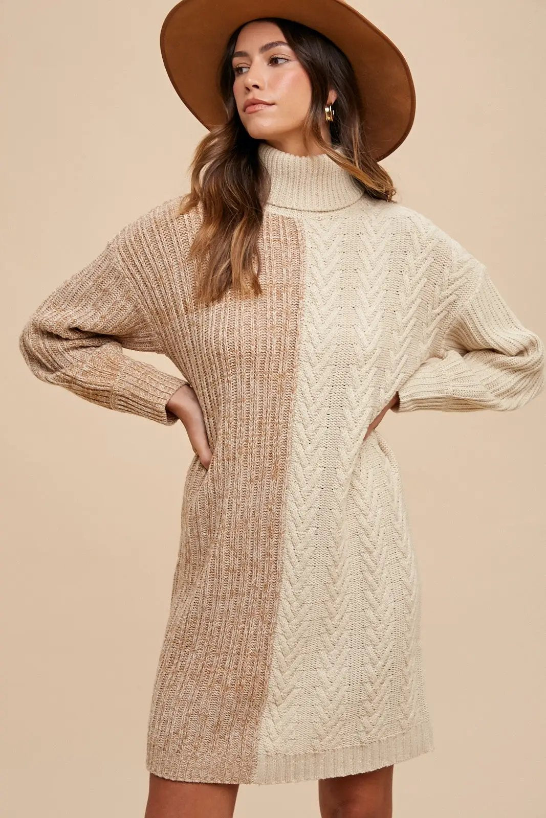 Bettina Ribbed Knit Sweater Dress – Turtleneck Color Block Balloon Mini