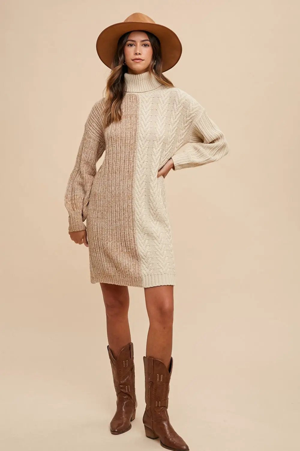 Bettina Ribbed Knit Sweater Dress – Turtleneck Color Block Balloon Mini