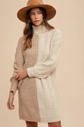 Bettina Ribbed Knit Sweater Dress – Turtleneck Color Block Balloon Mini