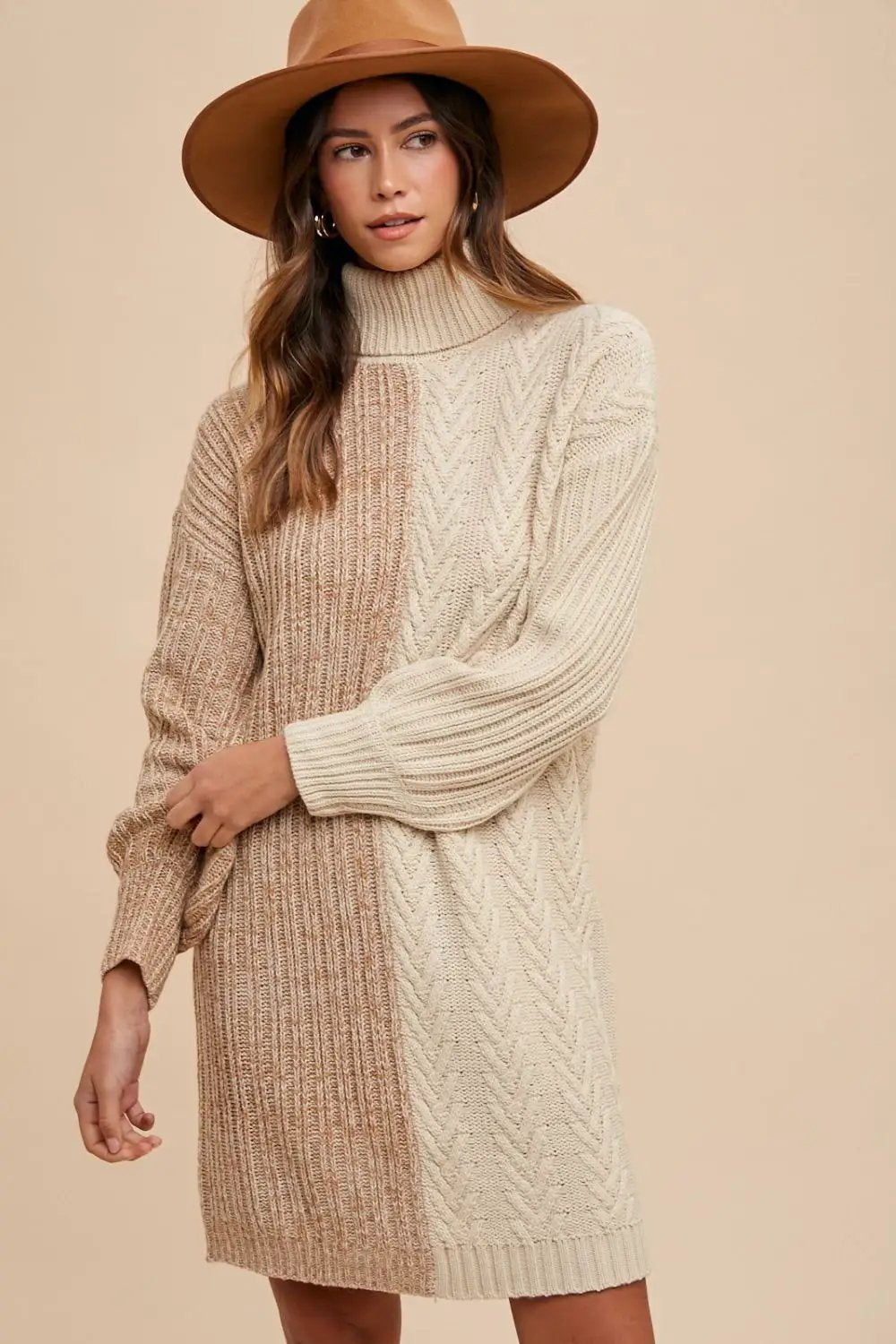 Bettina Ribbed Knit Sweater Dress – Turtleneck Color Block Balloon Mini