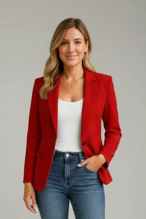 Tailored red blazer with notched lapels and single-button closure, worn over a white top and blue denim jeans.