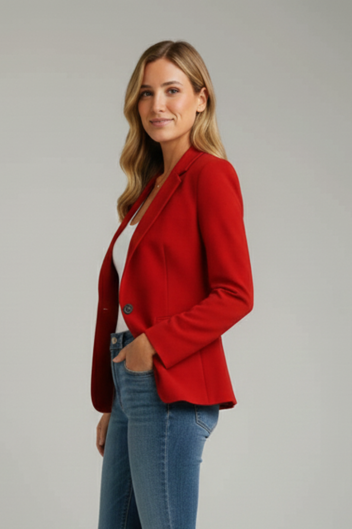 Red tailored blazer with a notched lapel and single-button closure, worn over a white top and blue denim jeans.