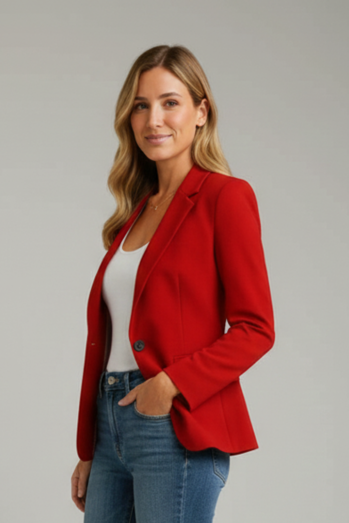 Red tailored blazer with a notched lapel and single-button closure, worn over a white top and blue denim jeans.
