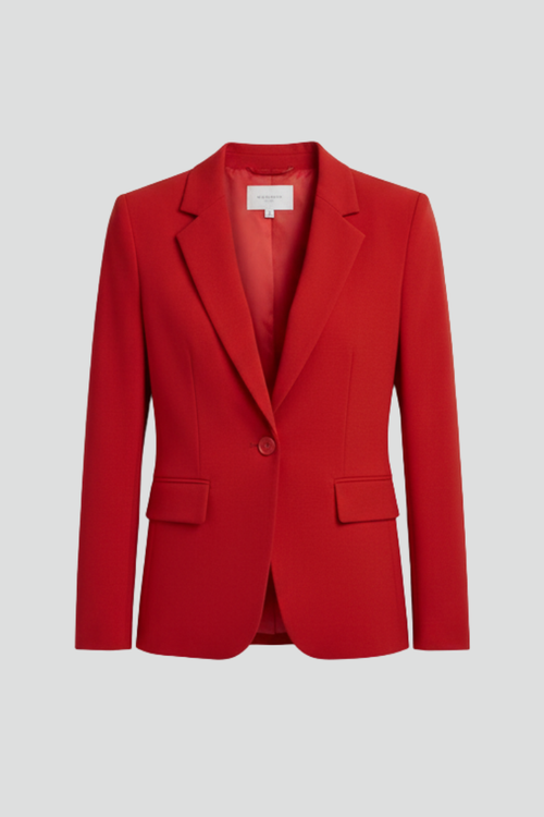Red tailored blazer with a notched lapel, single-button closure, and structured shoulders in a smooth finish.