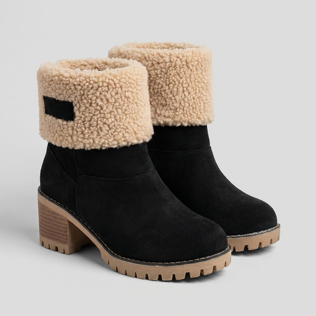 Pair of black suede ankle boots for women with sherpa cuff collar, stacked block heel and lug sole