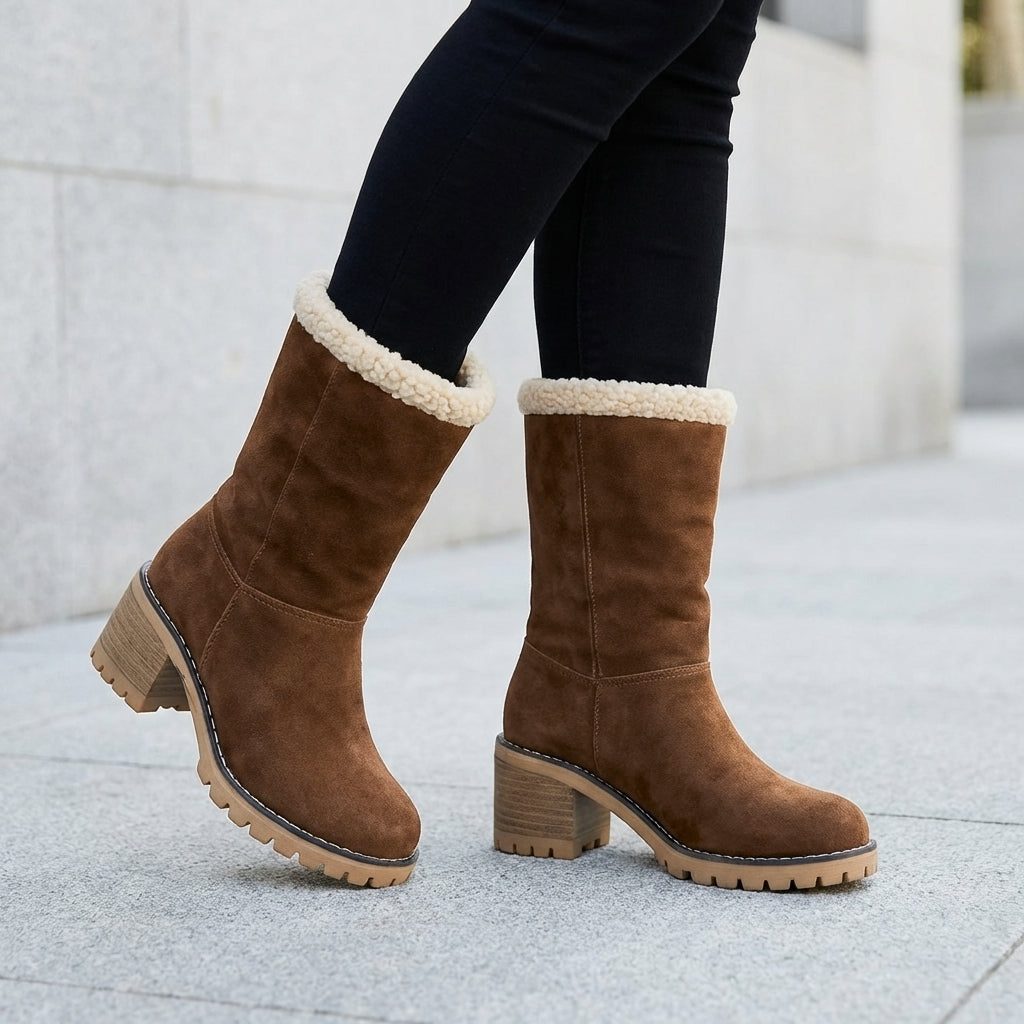 Dark brown suede block heel ankle boots for women with sherpa cuff worn up, styled with dark jeans