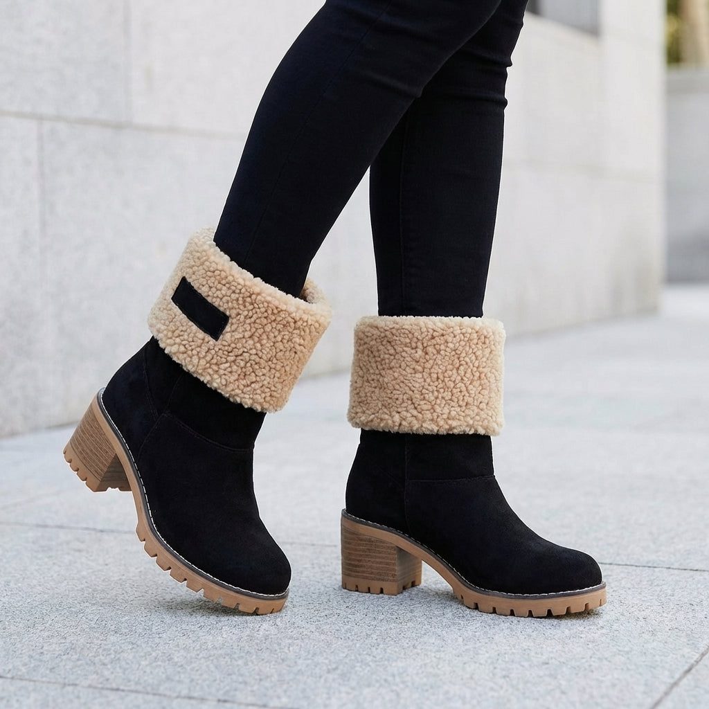 Black suede block heel ankle boots for women with folded sherpa cuff and lug sole, worn with dark jeans