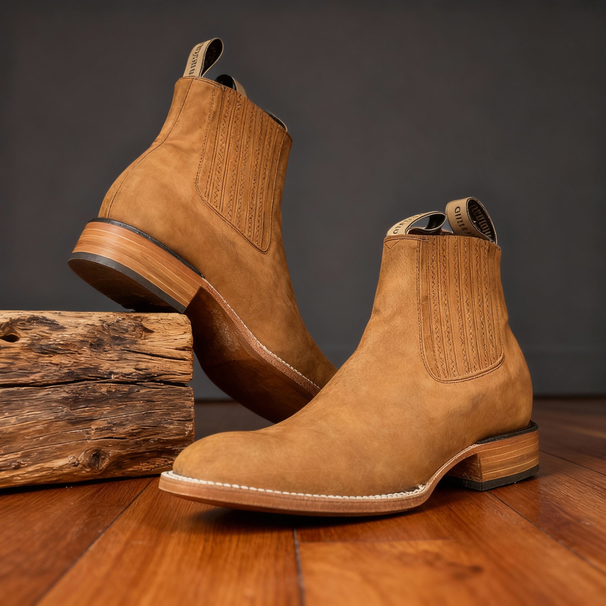 Tan suede western ankle boots featuring a pointed toe, elastic side gores, and a stacked block heel on a wooden surface.