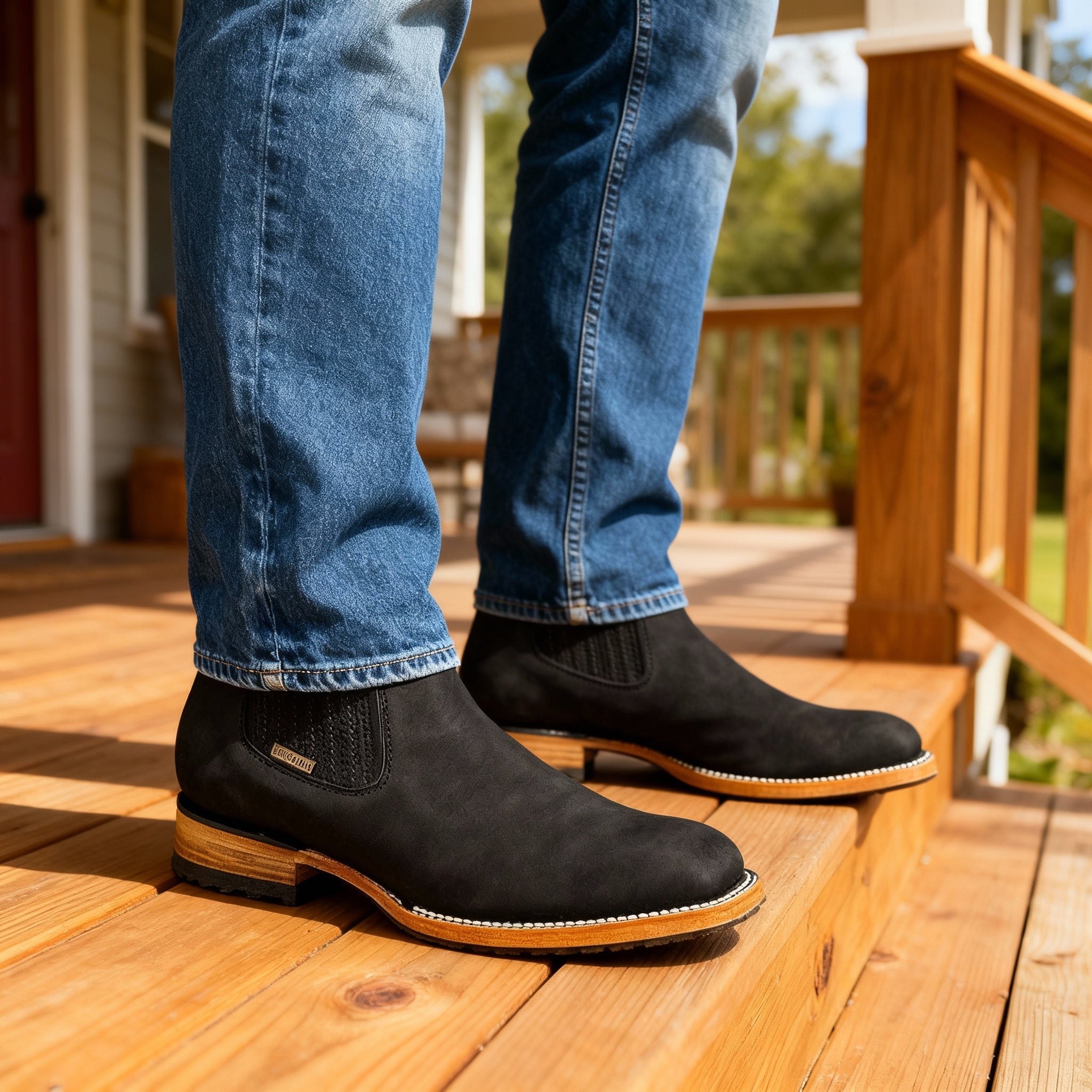 Black matte leather western ankle boots with elastic side panels, stacked wooden heels, and reinforced welt stitching.