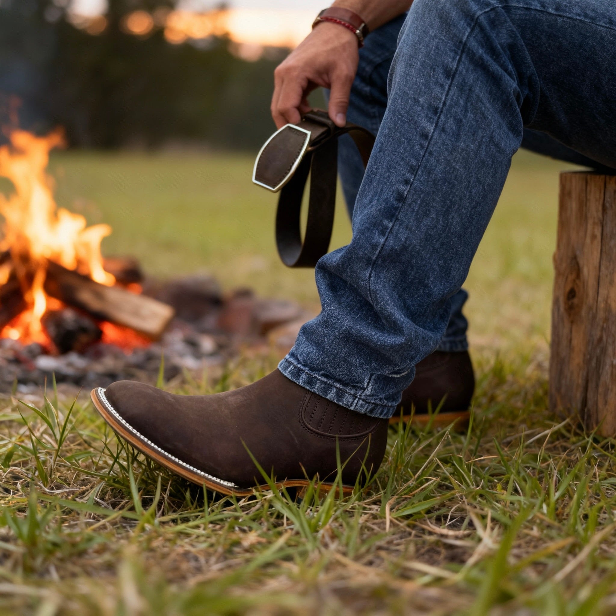 Dark brown leather Western ankle boots with pointed toes, elastic side panels, and reinforced welt stitching worn with jeans.