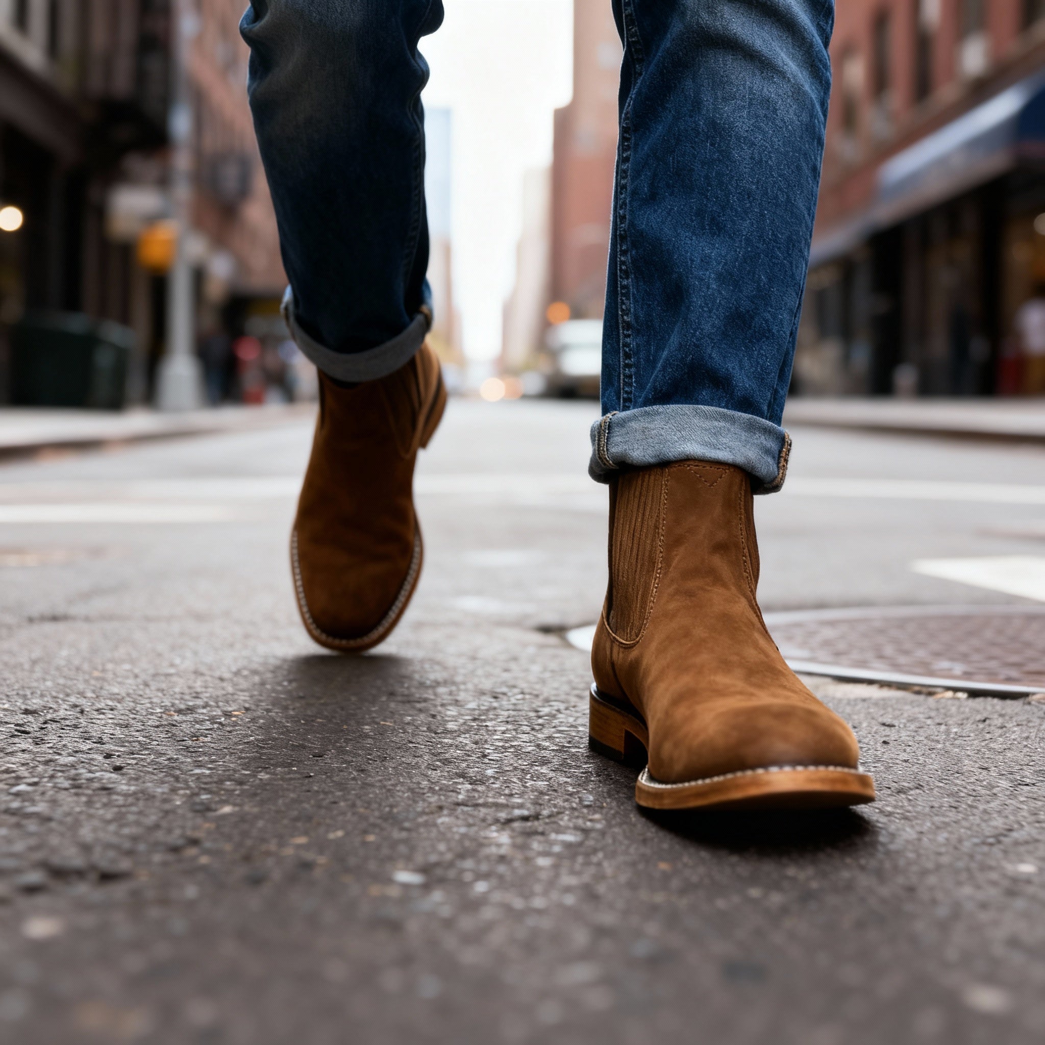 Tan suede western ankle boots with pointed toes, elastic side panels, and stacked heels worn with cuffed blue jeans.