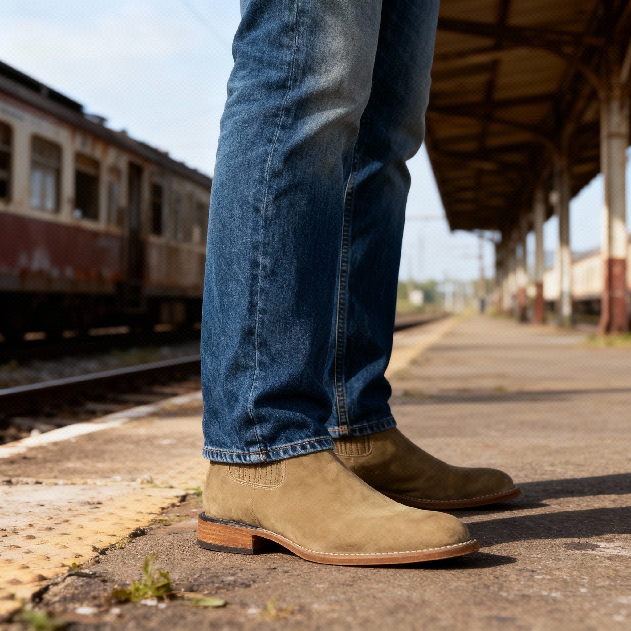 Tan suede western ankle boots with pointed toes, elastic side panels, and stacked heels worn with blue straight-leg jeans.