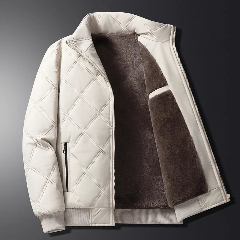 Men's cream quilted zip-up jacket with plush fleece lining, stand collar, and insulated design displayed open.