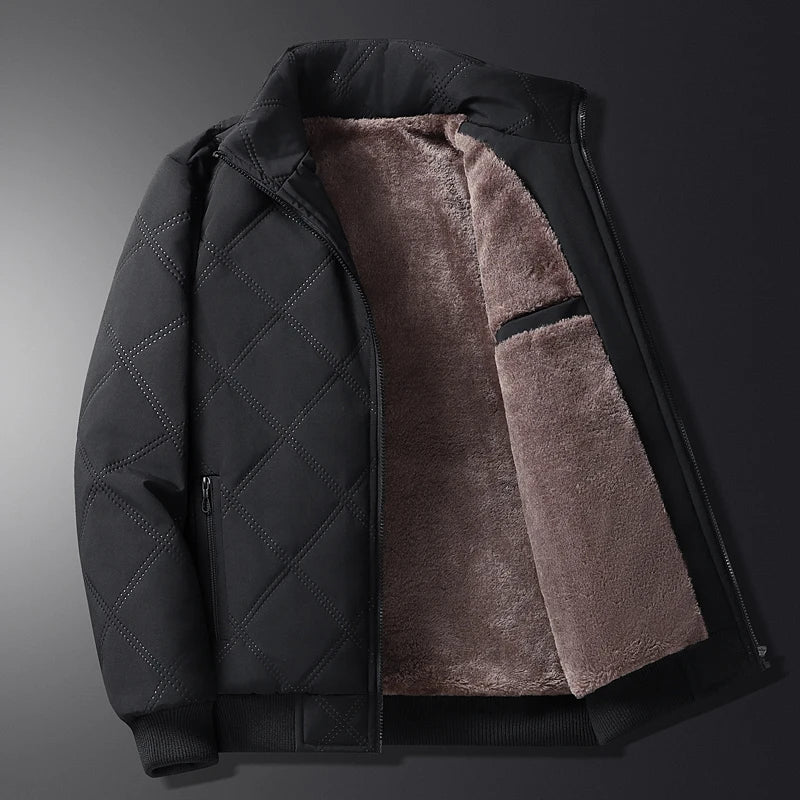 Men's black quilted jacket with a plush fleece lining, full-zip closure, and stand collar displayed open.