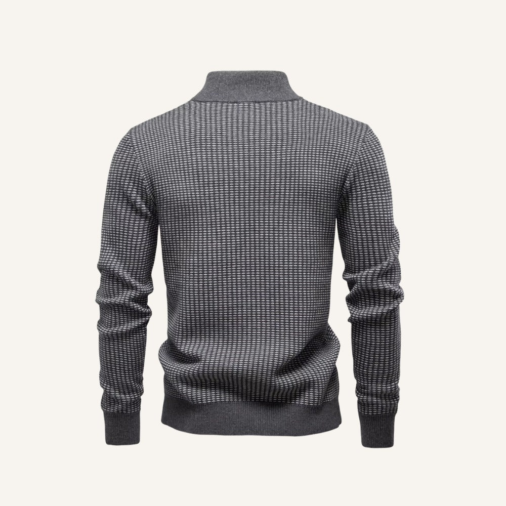 Grey birdseye knit quarter zip sweater with a stand collar, ribbed cuffs, and a regular fit, viewed from the back.