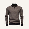 Birdseye knit quarter-zip sweater in a textured multi-tone weave with a solid black stand collar, cuffs, and hem.